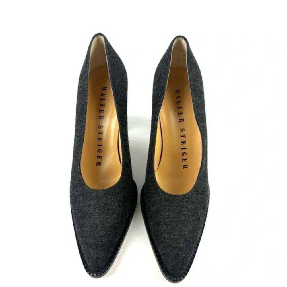 💎 Good Condition WALTER STEIGER CHARCOAL FABRIC CLOSED-TOE HEELS MADE IN ITALY